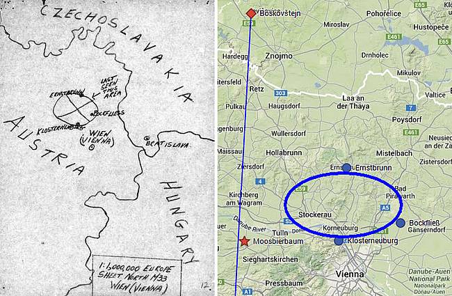 Hand-drawn map from the Missing Air Crew Report showing the last known sighting of 2/Lt. Jones.  (NARA, 2014)  On the right, the same area on an actual map.